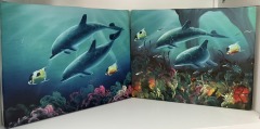 Artwork on Canvas, 2 Pieces, Dolphins in Underwater Scene