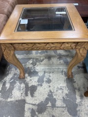 Square Wood Side Table\/leaf motif\/glass insert
