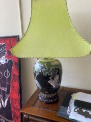 Vtg Oriental Painted Lamp W\/ Green Shade