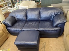 Blue Lthr Sofa w ottoman 88 x 36