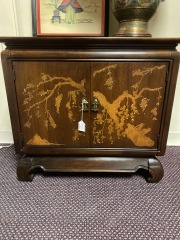 1970's Broyhill Walnut Parquetry Elegant  Asian Inspired w\/ Brass Hardware