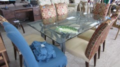 Beveled Glass Top Table w\/7 Slip Cover Chairs