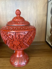 Chinese Carved Cinnabar Lacquer Vase n Pedestal