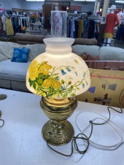 Brass Yellow Floral Milk Glass Lamp