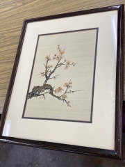 Japanese Cherry Blossom Painting with Laquered Wooden Frame