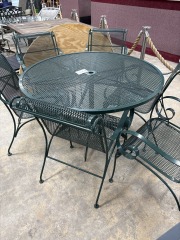 Green Cast Iron Round Patio Table w\/ 6 Chairs