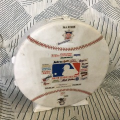 large collection of baseball cards in vintage Skilcraft MLB baseball-shaped trading card holder carry case