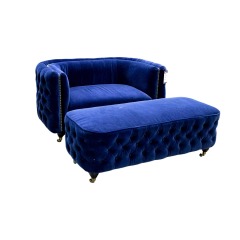 Blue Velvet Tufted Chair w Half Ottoman
