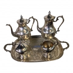 Vintage Silverplate Tea Set Coffee Service Serving Tray Tea Pot Cream Sugar Bowl