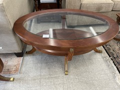Ornate Oval Wood\/Glass Coffee Table