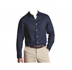 2247P2 | CHARLES TYRWHITT Pure Linen Slim Fit Button-Front Shirt | MEDIUM | NAVY