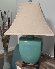 Modern Teal Ceramic Table Lamp, Square Linen Shade