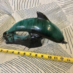 VTG Blue Mountain Pottery Jumping Dolphin Drip Glaze Turquoise Black Waves 12\u201d