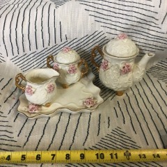 Small Cream Ceramic Rose Teapot w\/Plate, & Creamer & Sugar Combination