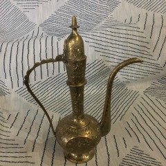 Original Etched Brass Oil Pitcher Teapot or Coffee Pot Etched India Vintage 13\