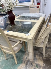 Blonde wood frame glass inserts w\/ 6 chairs w\/ 2 leaves