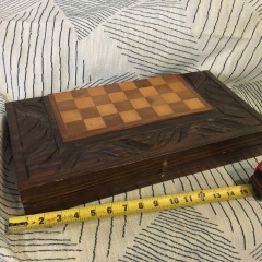 vintage handcrafted wooden chess board featuring a Drueke Backgammon on the inside of the folding storage board
