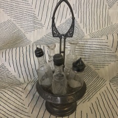 Antique Cruet Castor Set w\/ 5 Etched Glass Bottles