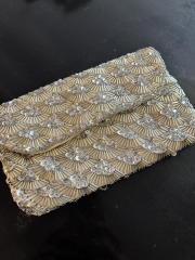 Vintage Long Silver Beaded Clutch Bag