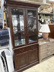 Cherry Wood Glass Curio with Stencil Art