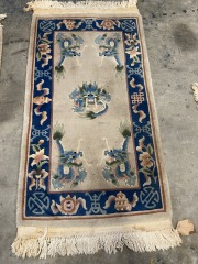 Vintage Chinese Hand Knotted Blue Wool  Rug 2x4ft as is