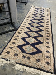 Vintage Pakistan  Handmade Wool Navy and Gold 2x8ft Rug