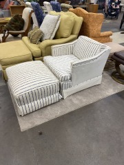 White & Navy Striped Armchair with Ottoman
