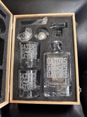 Engraved decanter with 2 matching whiskey glasses