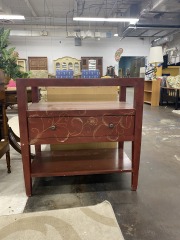 Hand Painted Red Floral Side Table (Missing Glass)