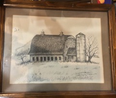 framed pencil drawing of a barn scene by artist Judith S. Plucker, Cocke County Tenn, 1976