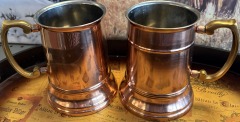 Pair of Vintage-style Cooper Tankards, Stainless Lining, Brass Handles