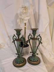 Pair of Charming Antique Lyre Brass Candlesticks
