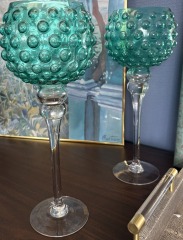 Long-stemmed Aqua Glass Candle Holders, raised bubble pattern