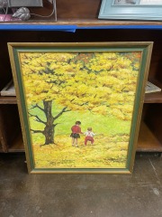 Children Playing in the Autumn Leaves Framed Original Art