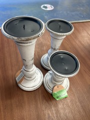wooden white rustic 3pc candle holder set