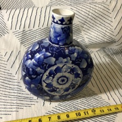 ANTIQUE Blue\/White Porcelain Floral Round Vase, HAND PAINTED