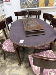 Dark wood Dining Rm Table w\/ 8 Chairs and 2 leaves