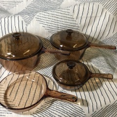 Vintage Corning Vision Pyrex Pot Set 7 Piece With Lids Amber Glass Cookware Set