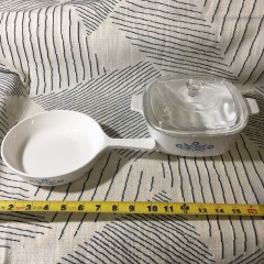 Vintage Corning Ware dishes with the iconic Blue Cornflower pattern, first introduced in the 1950s