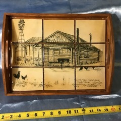 Rustic wooden tray features signatures and a story card