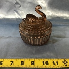 Vintage Cut Panel Glass Swan Lid Covered Powder Dish Trinket Box Vanity Jar