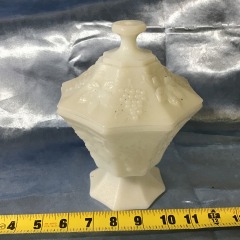 Vintage Anchor Hocking Milk Glass Embossed Grape Pedestal Covered Candy Dish