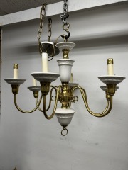 Vintage White Ceramic and Brass 6 Light Chandelier