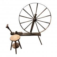 Antique American Primitive Colonial Wooden Country Spinning Wheel & Stool