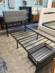 Twin Black Metal & Grey Upholstered Bed Frame with Storage