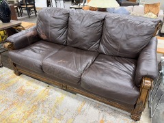Wood Detailed Brown Leather Couch