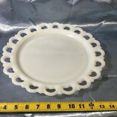 Vintage Milk Glass  Heart White Lace Edge Serving Platter Cake Torte Plate