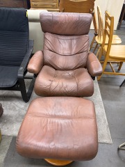 Brown Ekornes Leather Swivel Recliner w\/ Ottoman