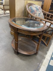Vintage Dark Wood Oval Side Table AS IS (Chip in Glass)