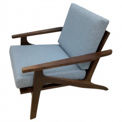 Mid-Century Modern Arm Chair w\/ Wood Frame & Blue Cushions